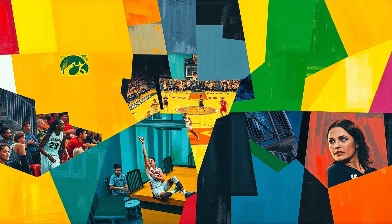 A cubist-style painting depicting a fragmented, geometric representation of a women's basketball game, with the vibrant colors of the Iowa Hawkeyes and Georgia Tech uniforms overlapping and intersecting across the frame.