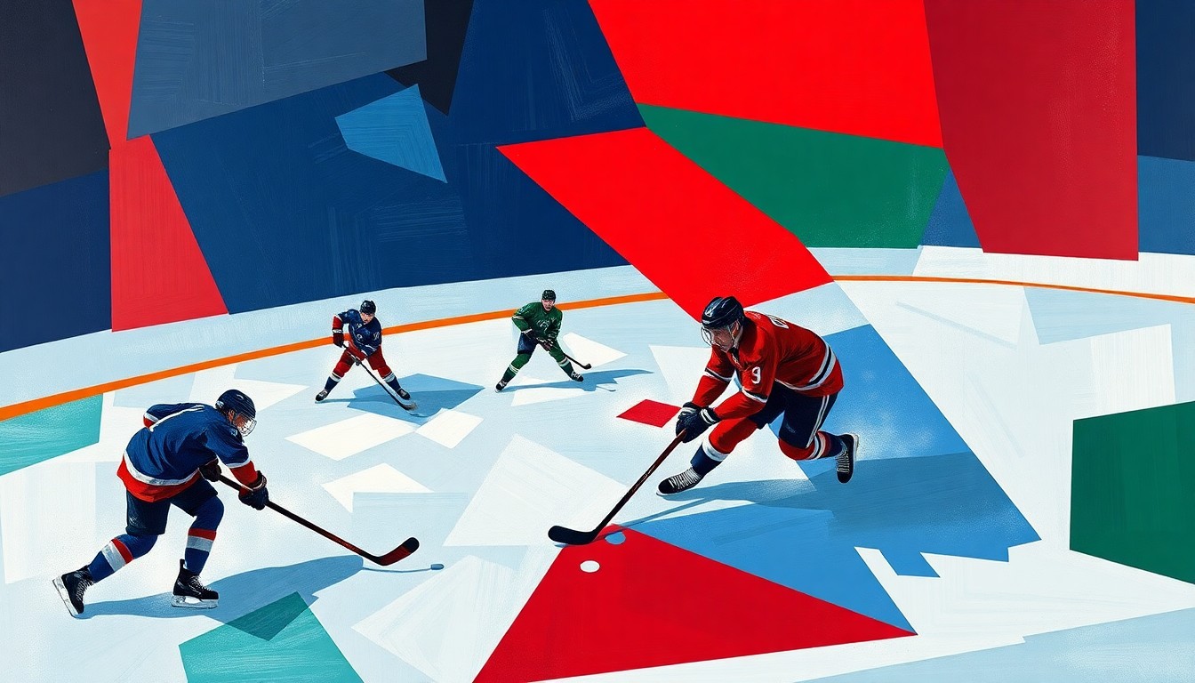 A fractured, geometric painting depicting a hockey game, with players and the puck represented through sharp, overlapping planes of color in navy, green, and red, conveying the dynamic action of the match.
