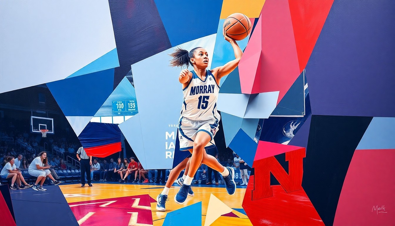 A cubist, geometric painting in the colors of Murray State and Nebraska, capturing the dynamic movements and energy of a women's basketball game.