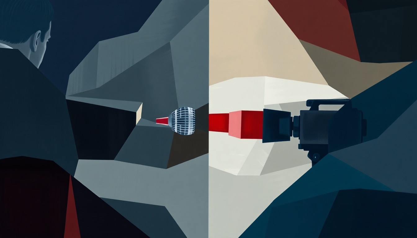 A dynamic, abstract painting featuring overlapping geometric shapes and lines in shades of blue, grey, and red, conveying a sense of confrontation and fragmentation between political power and the free press.