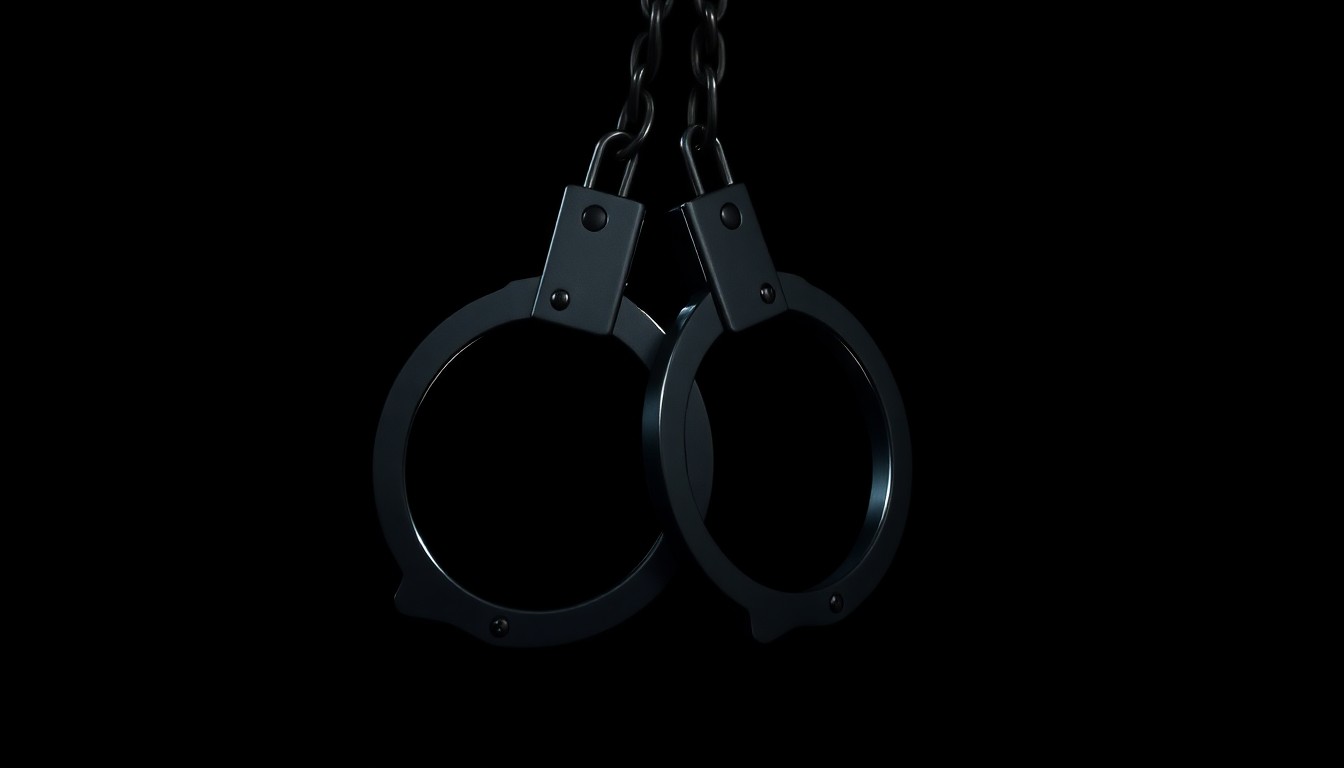 An extreme close-up of a pair of metal handcuffs against a black background, creating a stark, gritty visual that conceptually represents the arrest of a former college athlete for violent crimes.