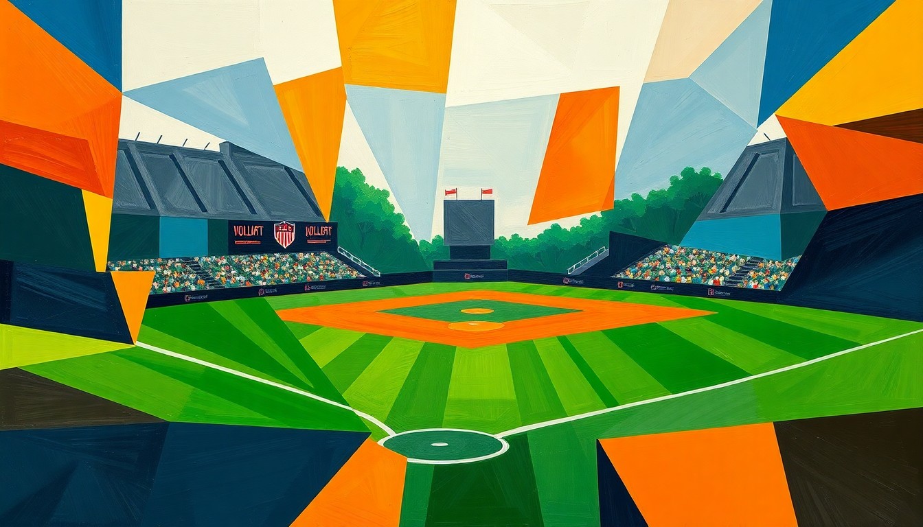 A fragmented, cubist-style painting depicting the dynamic movements and competitive spirit of a college softball game, using bold geometric shapes and a vibrant color palette to convey the celebratory mood of a coaching milestone.
