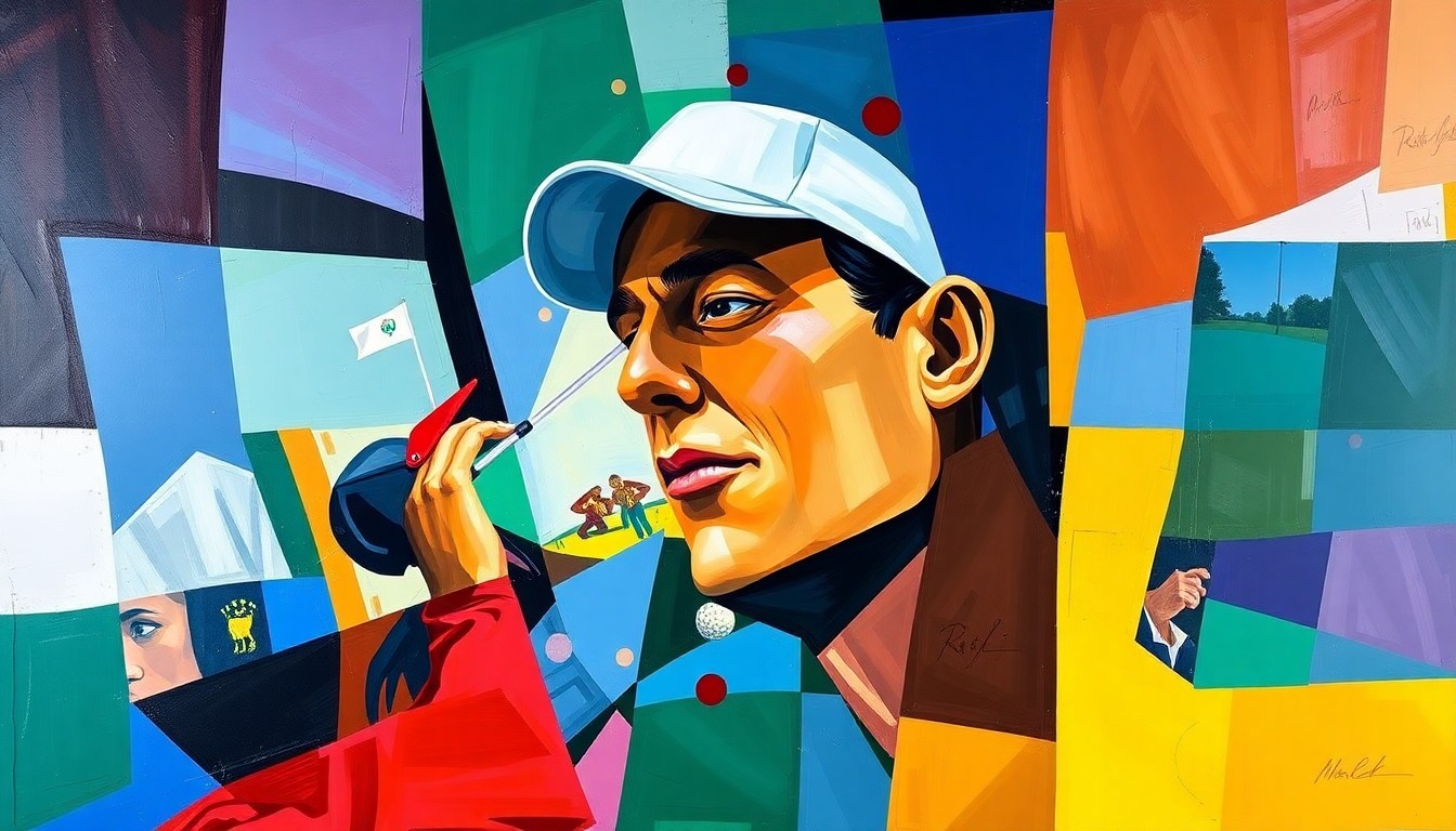 A cubist, geometric painting depicting the ups and downs of Rory McIlroy's third round at the Masters, with overlapping shapes and planes of color representing the emotional swings and dramatic moments of his round.