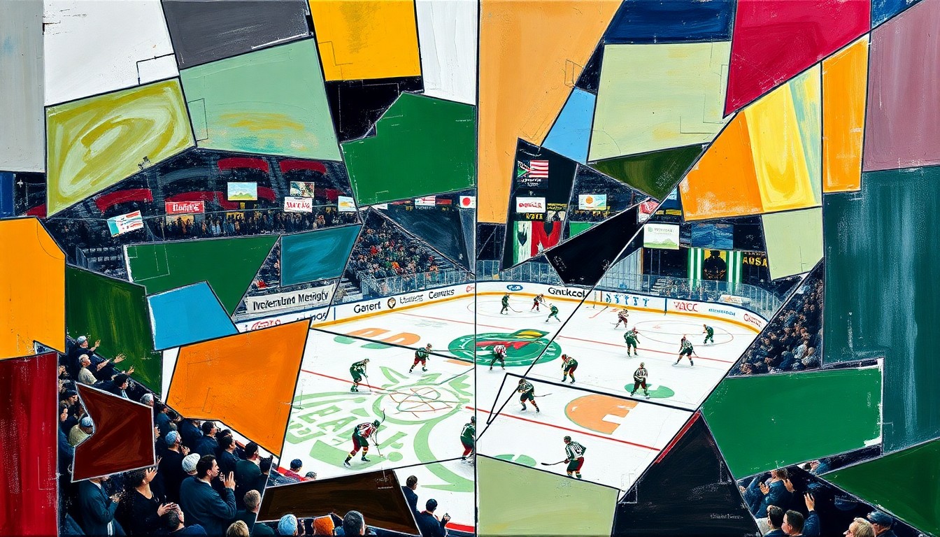 A cubist, geometric painting depicting a hockey game between the Minnesota Wild and Dallas Stars, with the players and action broken down into sharp, overlapping planes of color and shape.