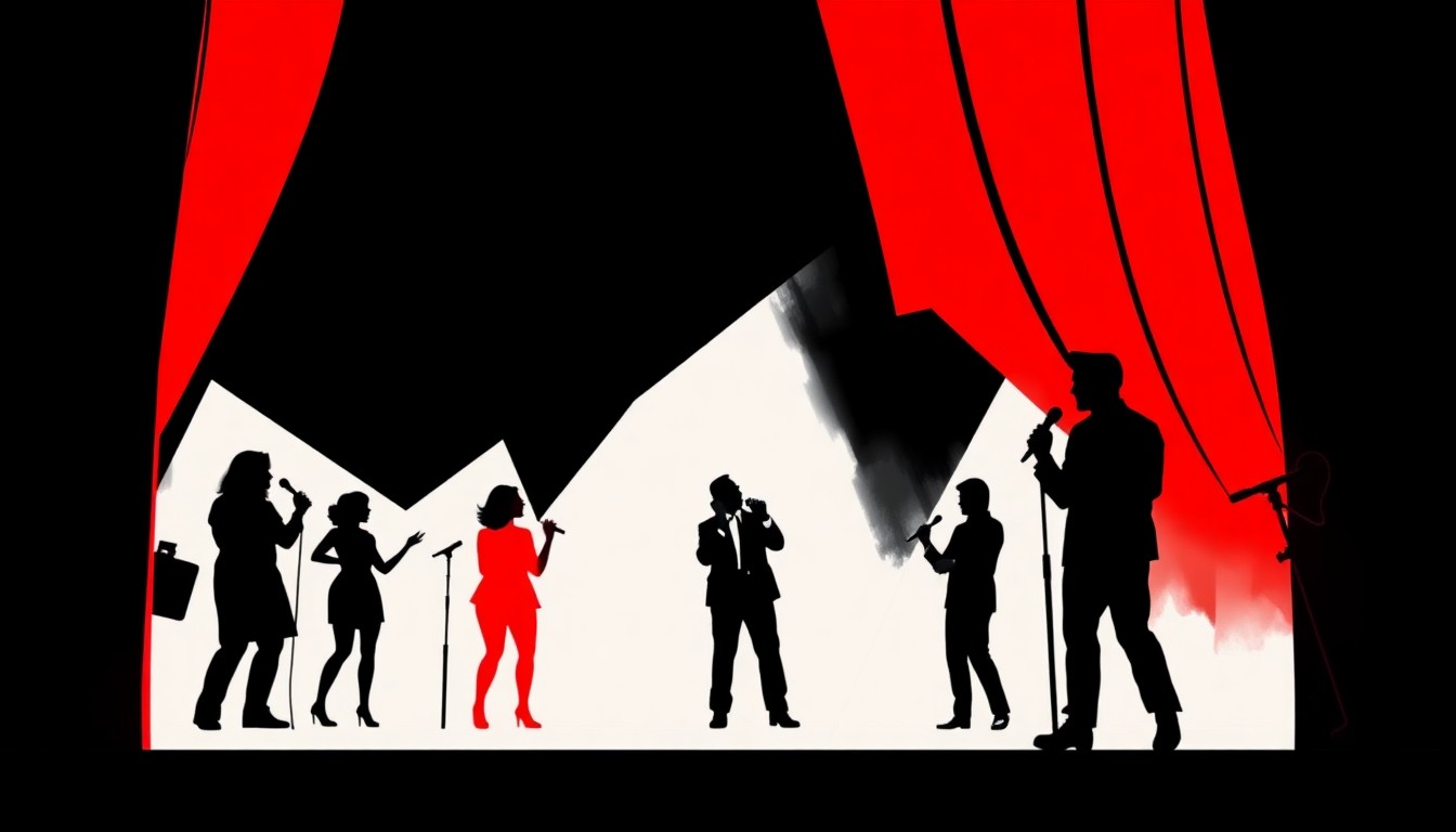 An abstract, minimalist illustration featuring bold, jagged geometric shapes in high-contrast colors, representing the idea of a theater stage and local celebrities performing.