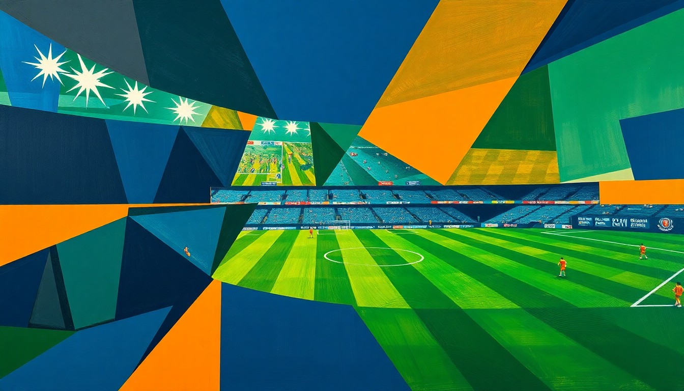 A cubist, geometric painting depicting a fragmented football game or match, with sharp, overlapping planes of navy, green, and orange, conveying the disruption and consequences of a coach's arrest.