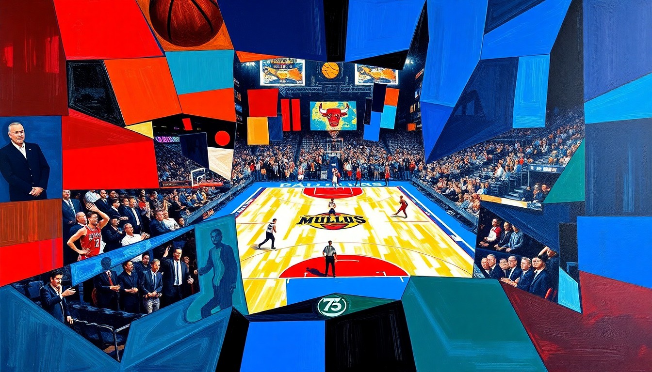 A fractured, multi-perspective painting featuring sharp, overlapping geometric planes in vibrant shades of blue, red, and white, conceptually representing the competitive energy of a basketball game between the Dallas Mavericks and Chicago Bulls.