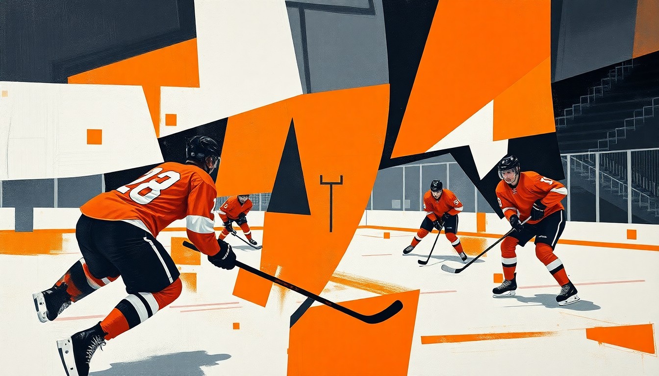 A cubist, geometric painting depicting a hockey game, with overlapping planes of orange, black, and white representing the players, puck, and action on the ice.