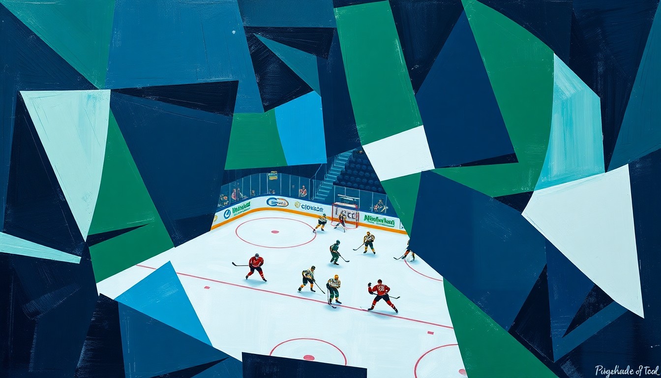 A fragmented, geometric painting depicting a hockey game, with sharp planes of navy, green, and white representing the players and action on the ice.