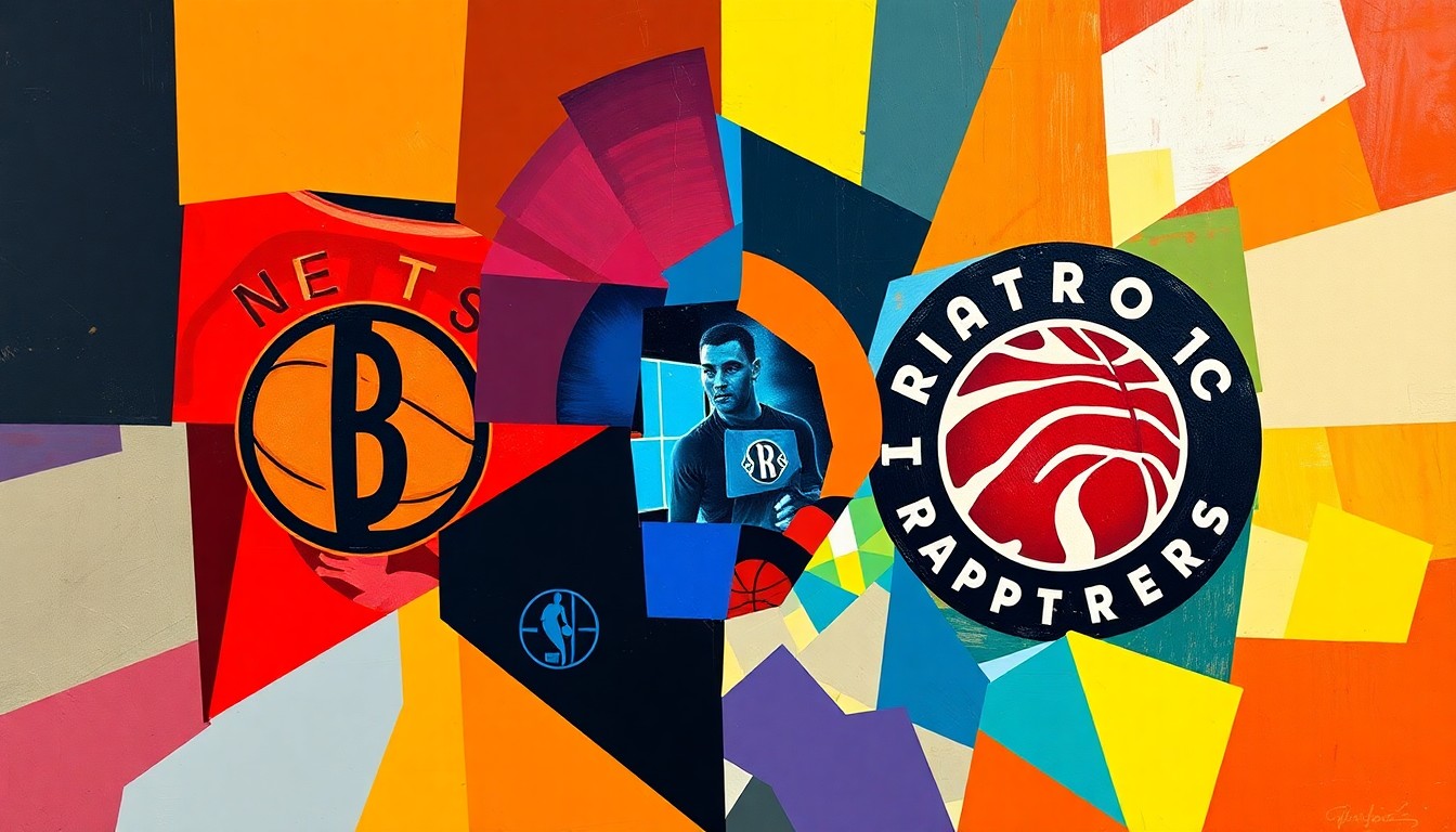 A visually striking, cubist-inspired painting depicting a basketball game between the Brooklyn Nets and Toronto Raptors, with the players and court broken down into sharp, overlapping geometric shapes and planes in vibrant team colors.