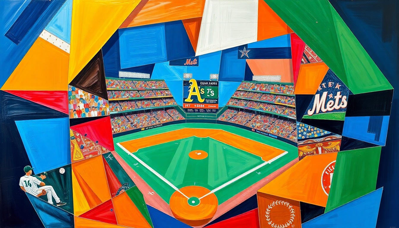 A fractured, geometric painting in bold colors depicting a baseball game in motion, with overlapping shapes and planes representing the dynamic plays and energy of the Athletics' victory over the Mets.