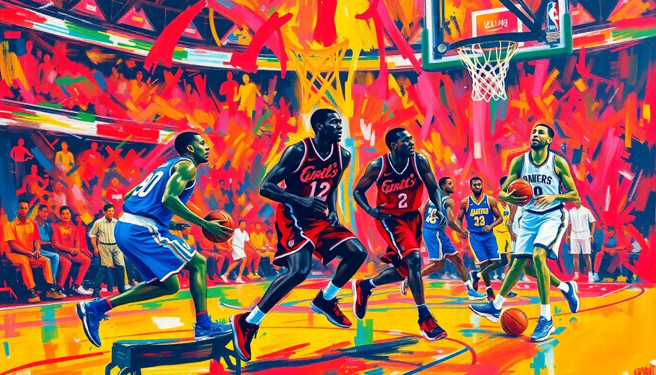 An abstract expressionist painting in vibrant neon colors, featuring distorted, energetic figures representing basketball players in motion, with the court and arena fading into a chaotic, energetic background, capturing the raw intensity of an NBA playoff game.