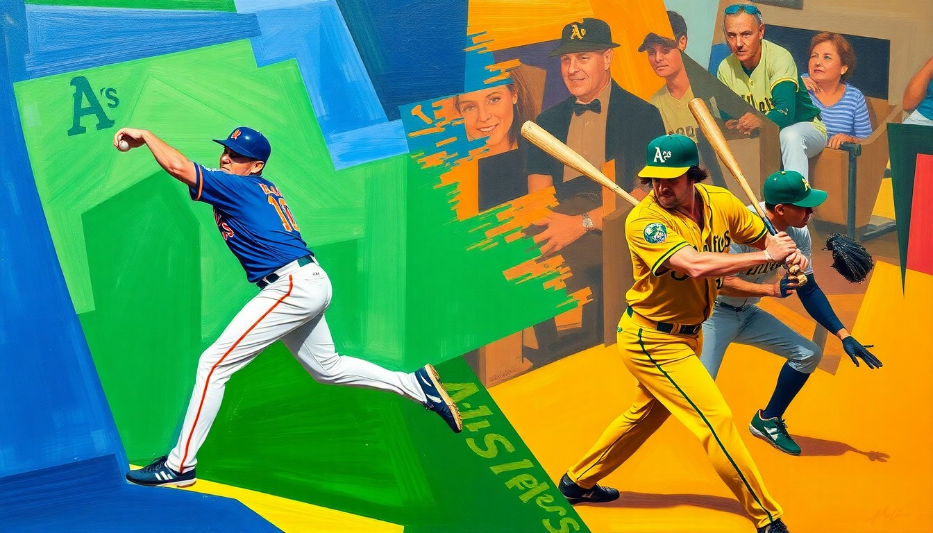 A fractured, cubist-style painting depicting the pitching motion of Kodai Senga and the batting swings of the Athletics' players, with sharp geometric planes in the Mets' and Athletics' team colors capturing the dynamic action of the game.