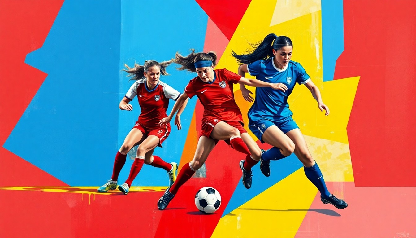 A cubist, geometric painting depicting the dynamic movements and energy of a women's soccer match, with abstract shapes and angles in a vibrant color palette representing the players and the ball.