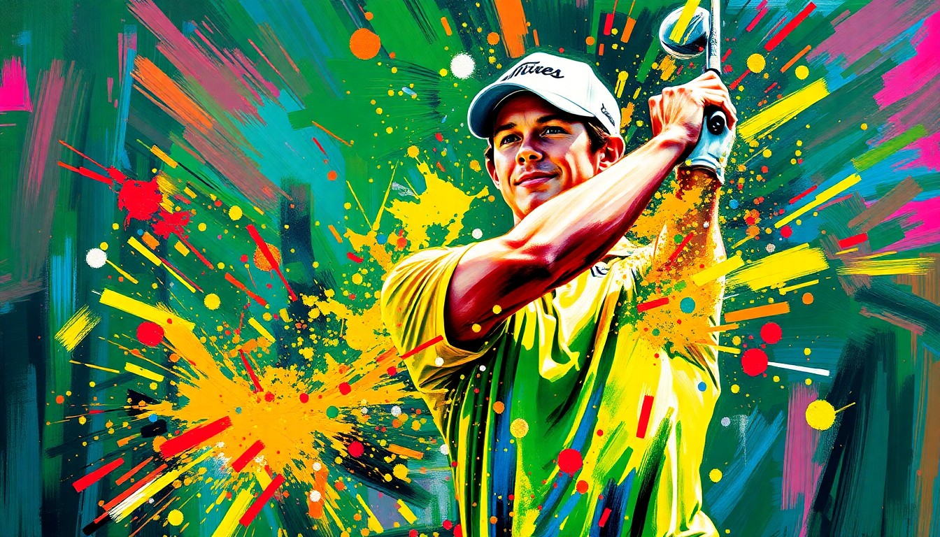 An abstract, expressionist painting in vibrant neon colors depicting the dynamic motion and energy of a golfer swinging a club, with faces and details dissolving into bold, energetic brushstrokes.