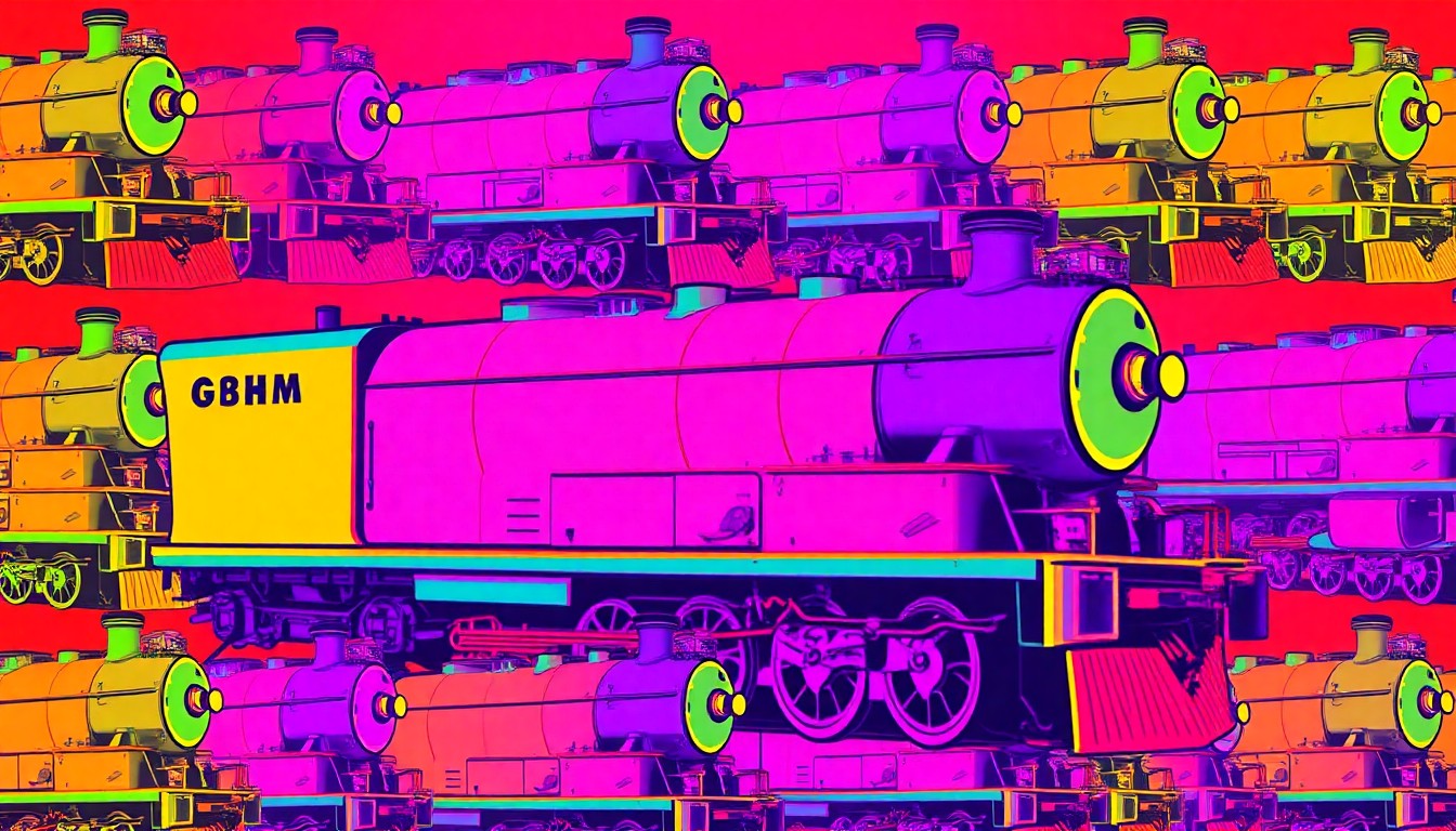 A bold, colorful silkscreen-style illustration featuring a repeating pattern of a vintage Orphan Train locomotive in bright neon hues, capturing the historic significance and enduring legacy of this pivotal chapter in American history.