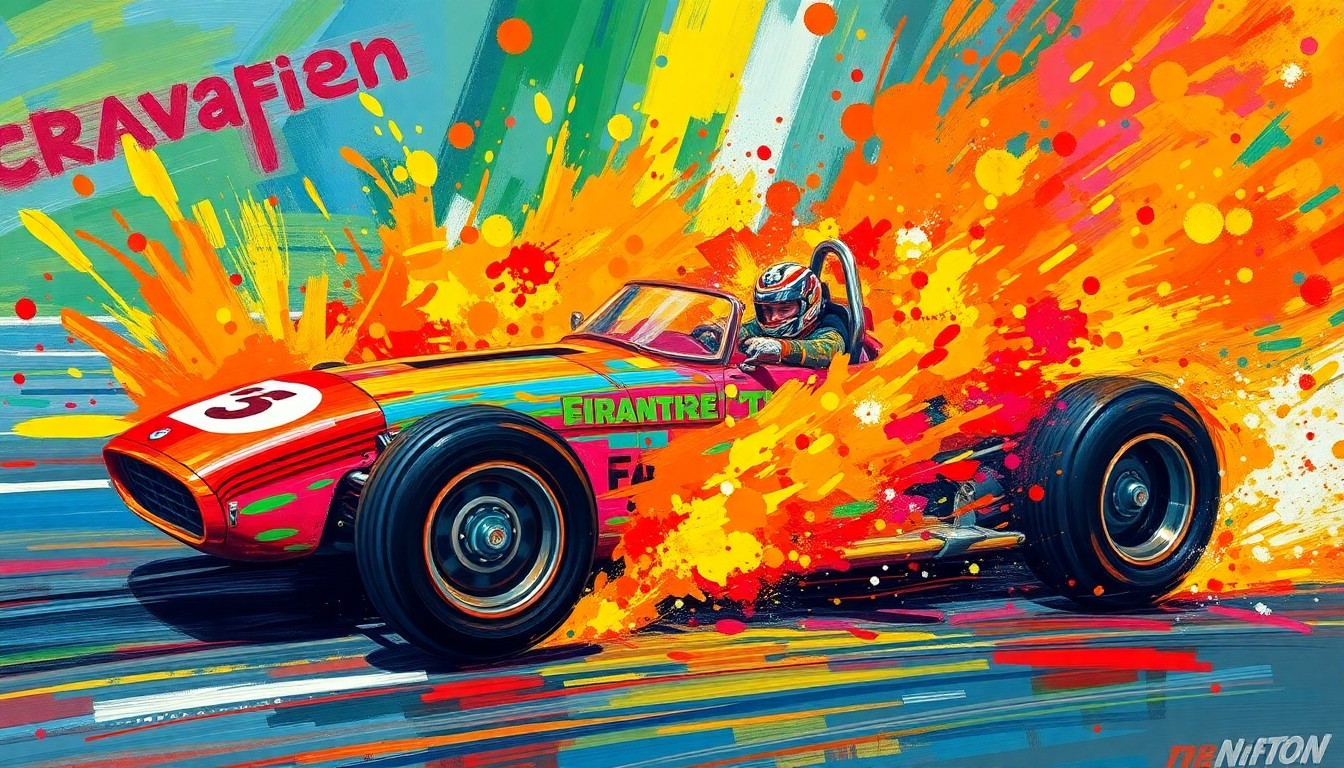 An extreme close-up of a race car on fire, with the driver's face and details obscured by the intense flames and vibrant, expressionist brushstrokes in neon colors, conceptually capturing the raw, chaotic energy of a dangerous crash.