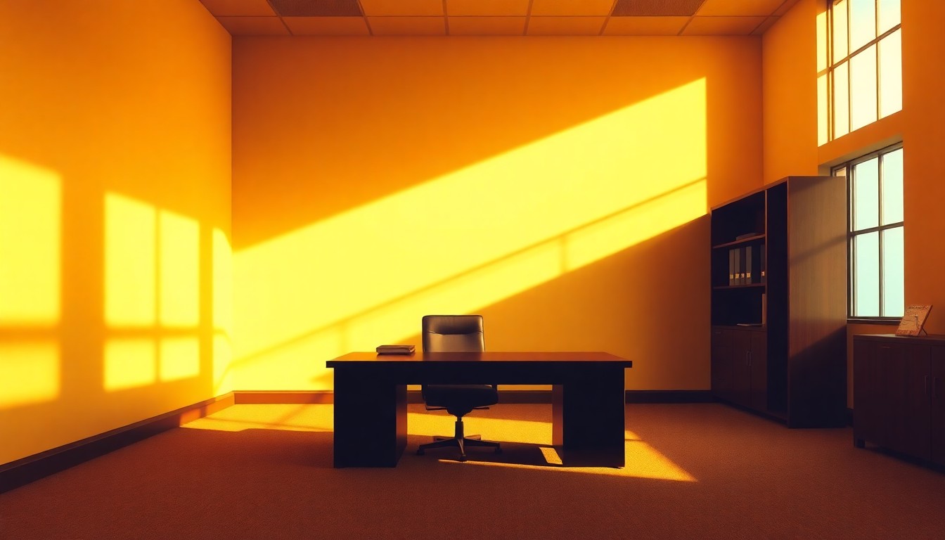 A dimly lit, cinematic painting of an empty government office space, with a single desk and chair as the only visible elements, conveying a sense of solitude and the weight of a political scandal.