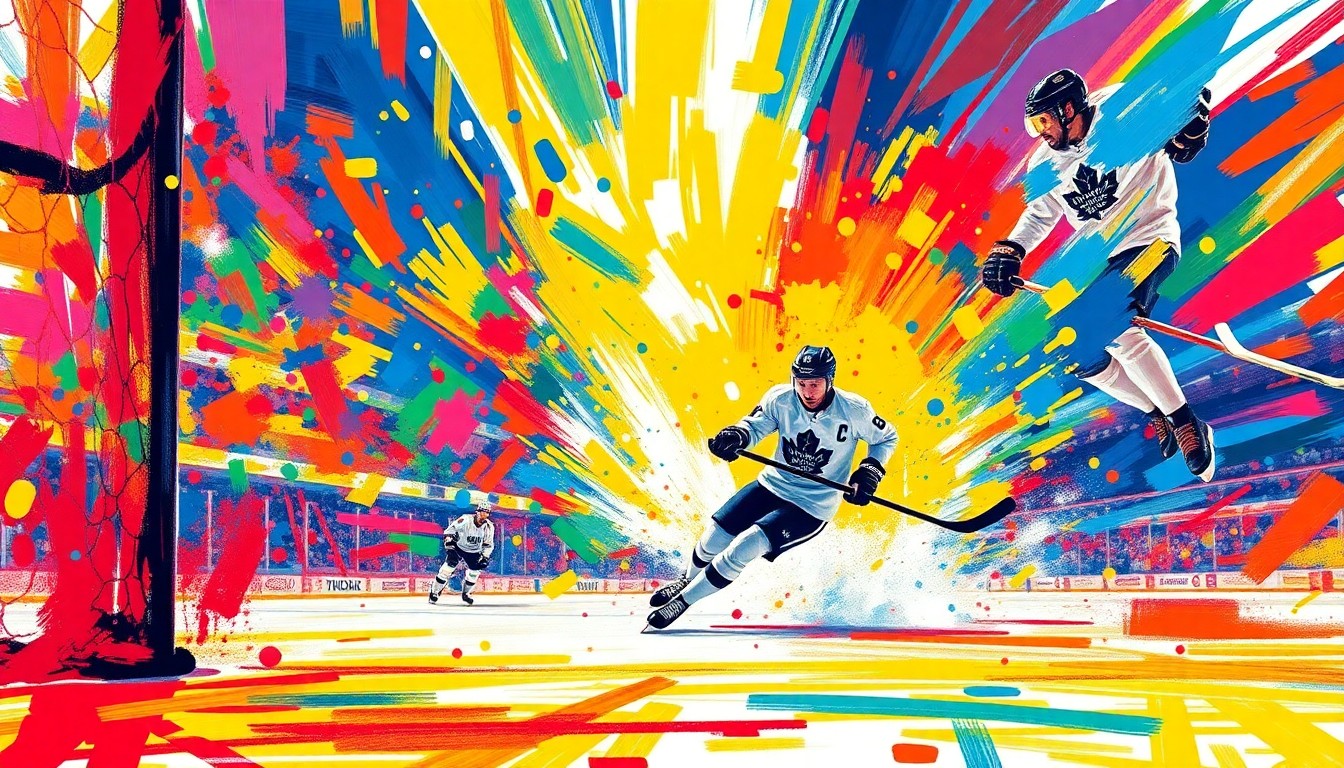 An abstract, expressionist painting in neon colors depicting the explosive energy and movement of a hockey player scoring a goal, with the hockey rink and players dissolving into unrecognizable brushstrokes.