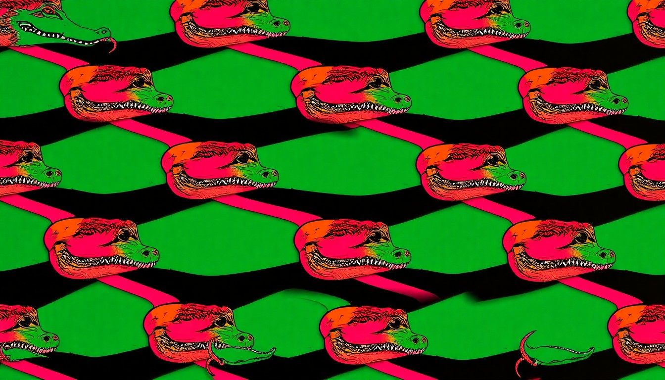 A bold, colorful silkscreen print featuring a repeated pattern of a stylized alligator head in neon shades of green, blue, and orange, conceptually representing the wildlife and culture of the Gator Fest celebration.