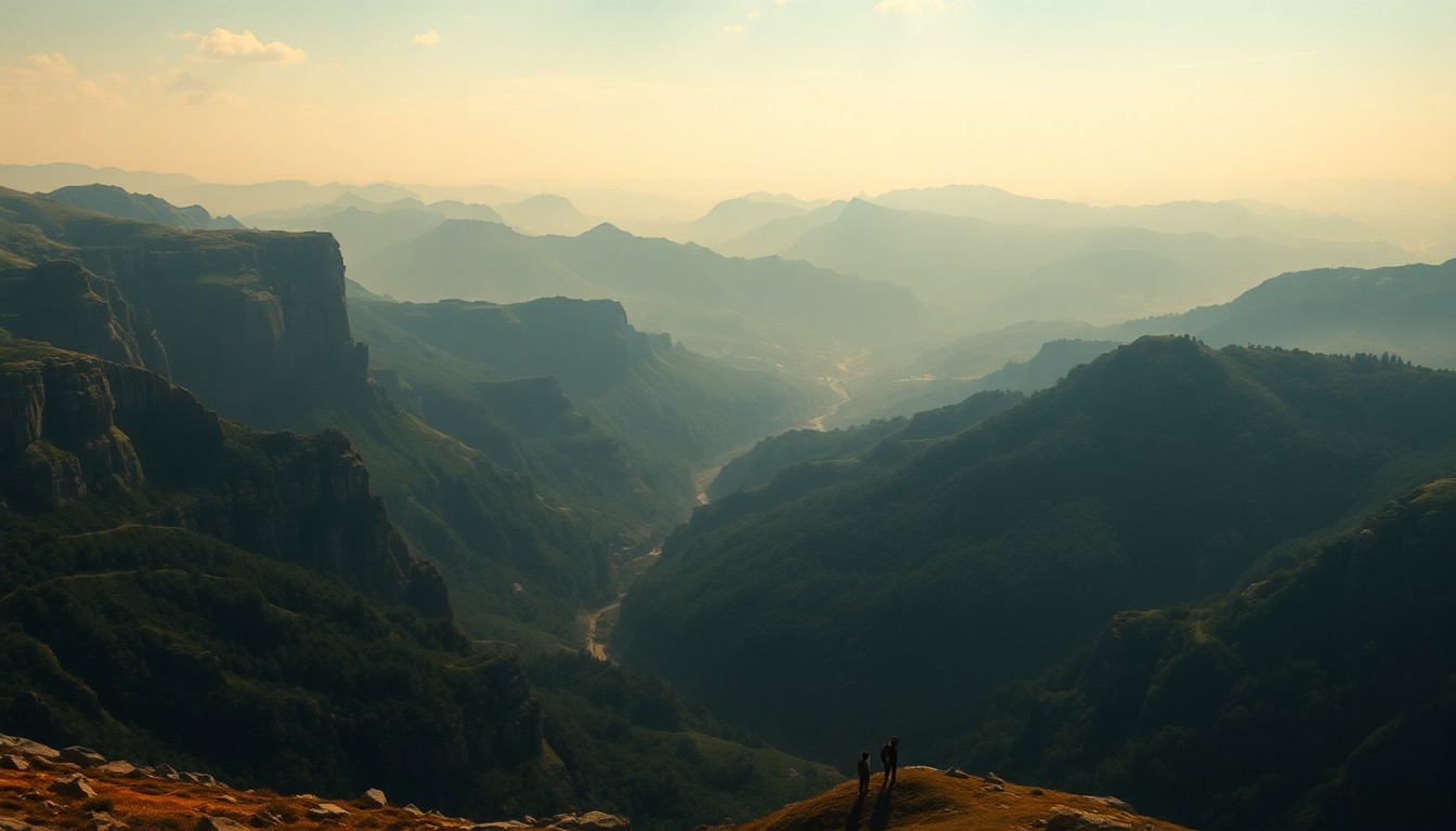 A vast, atmospheric landscape painting in warm, hazy tones, with the horizon line obscured by a soft, golden glow, conveying the sense of an impending summer heat wave.