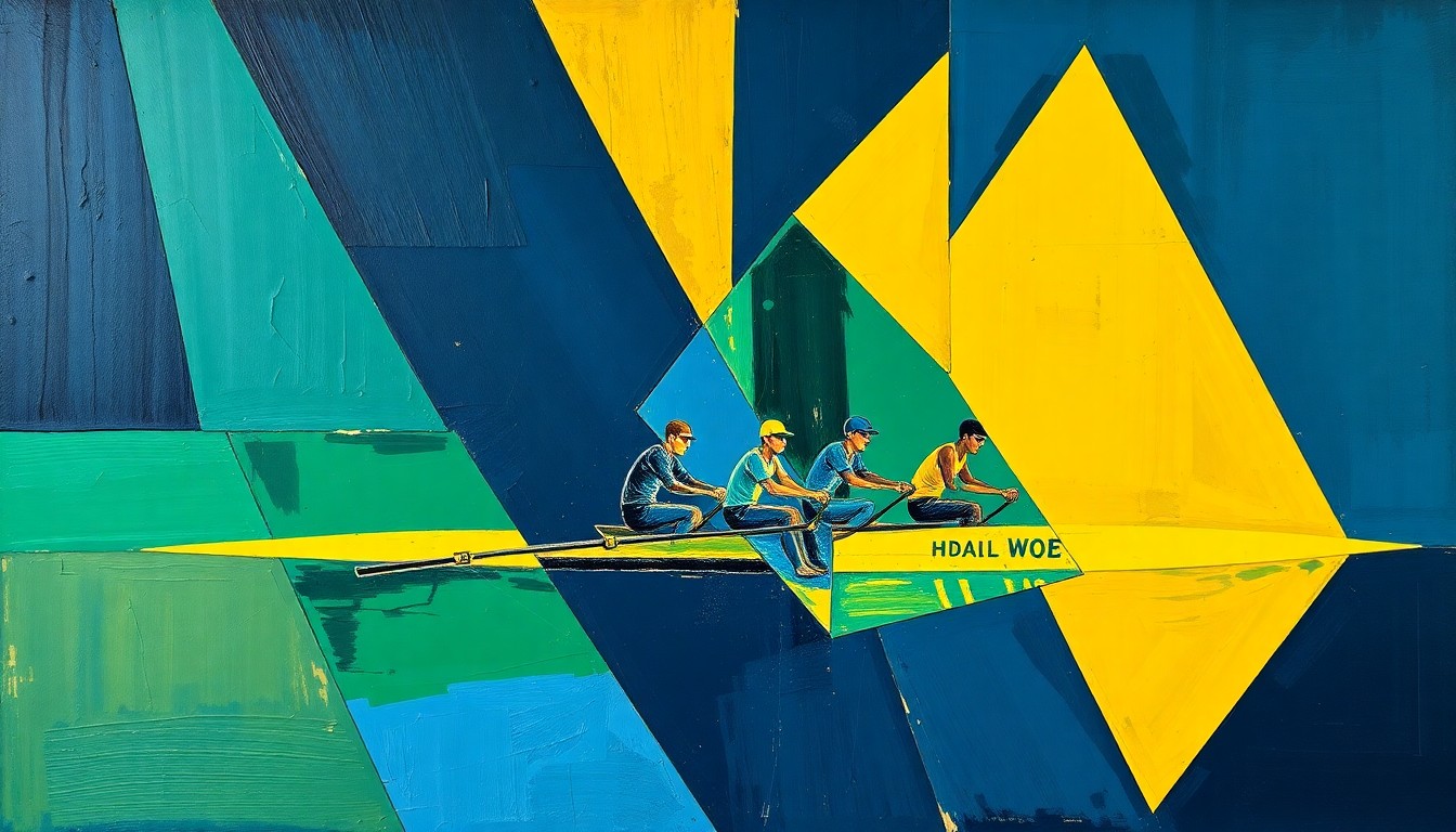 A fragmented, geometric painting in shades of blue, green, and yellow, capturing the dynamic motion and energy of a rowing race.