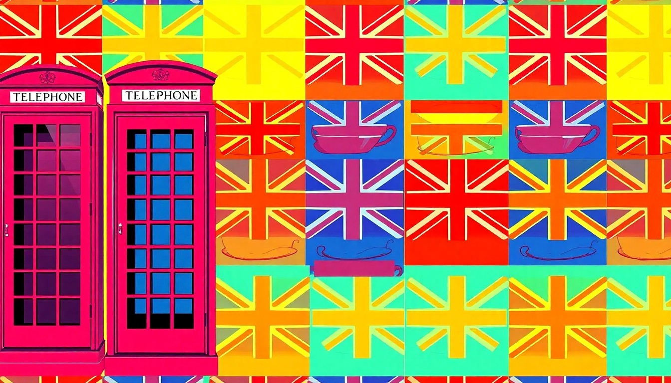A vibrant, high-contrast silkscreen print of a British red telephone booth repeated in a grid pattern, conceptually representing the cultural celebration of England at the 'Celebrate' festival.