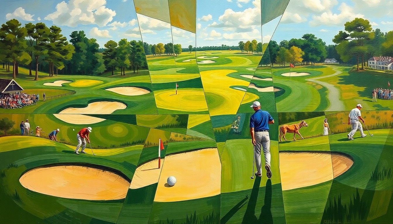 A cubist-style painting depicting a college golf tournament, with the fairways, sand traps, and golfers' movements broken down into sharp, overlapping geometric shapes and planes of color.
