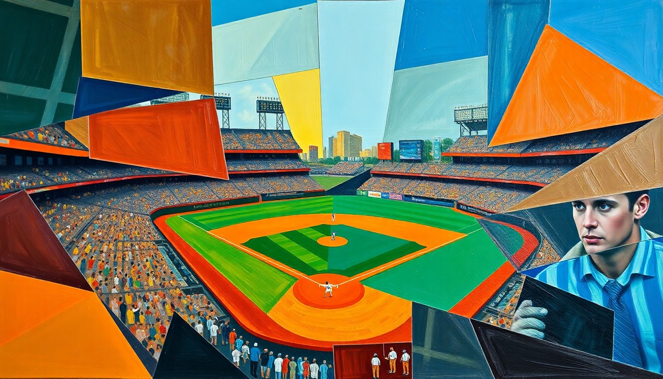 A fragmented, geometric painting depicting a baseball game, with sharp planes of color and overlapping shapes representing the heated argument between the manager and umpire.