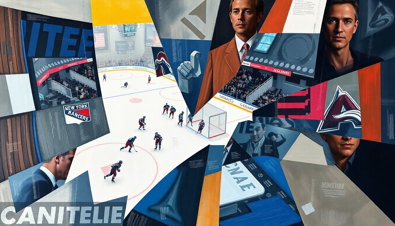 A cubist-style painting depicting a hockey game, with the players and action broken down into sharp, overlapping geometric shapes and planes in a range of blues, greens, and reds, conveying the intensity and energy of the matchup.