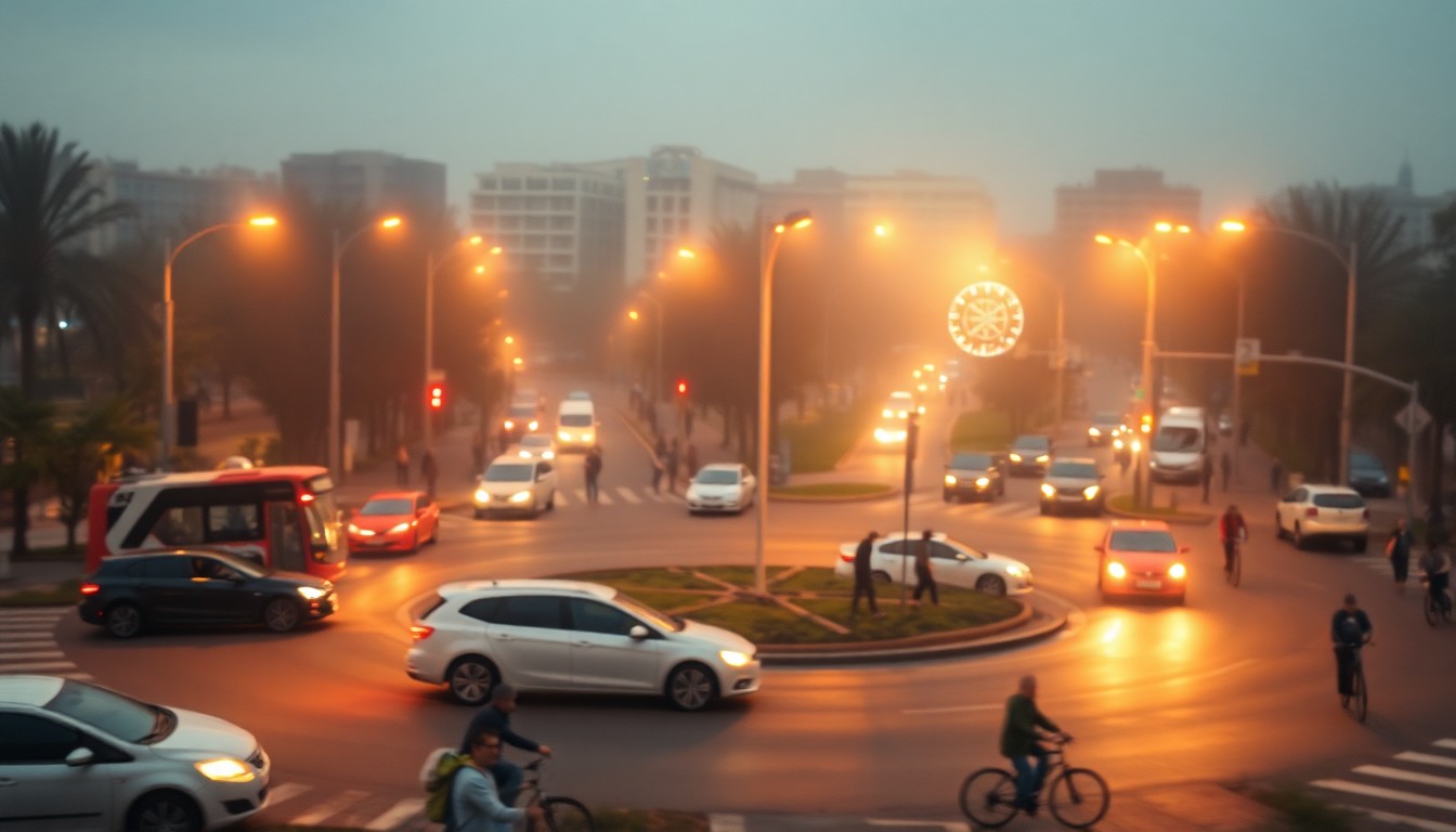 An extremely abstracted, out-of-focus photograph of a busy intersection, with cars, pedestrians, and cyclists visible in soft pools of warm color and light, conveying a sense of movement and community around the central roundabout.