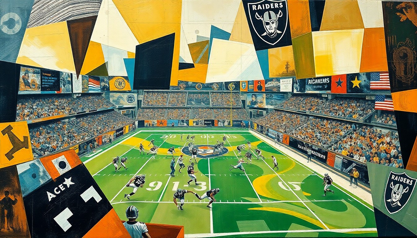 A cubist, geometric painting depicting a fragmented and deconstructed Raiders football game, with sharp, overlapping planes of color and form representing the team's struggle to maintain its identity under new ownership.