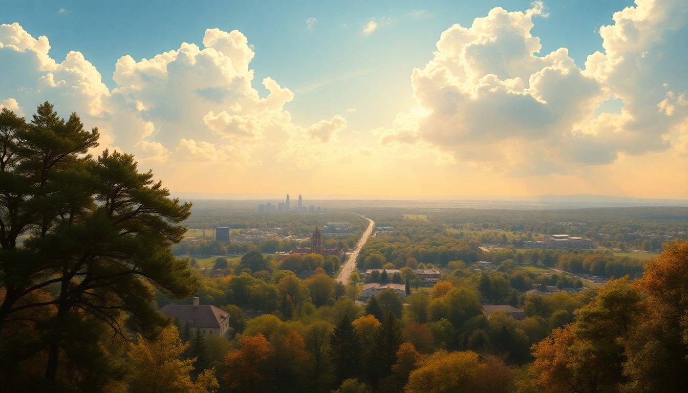 A vast, majestic landscape painting in muted greens, blues, and golds, depicting the sweeping scale of a sunny spring day in Tallahassee, with the city's skyline and trees dwarfed by the dramatic sky and landscape.