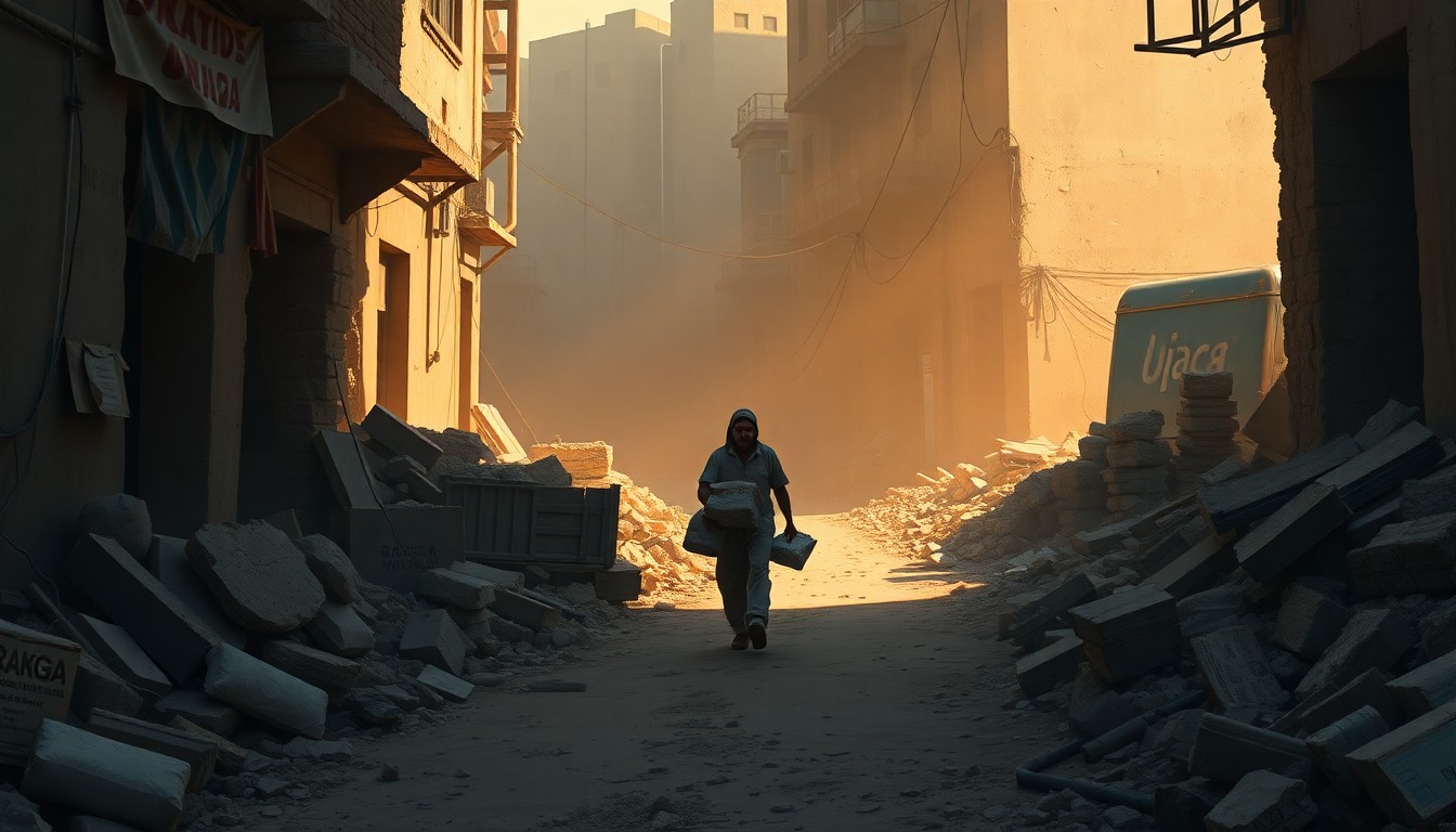A realistic painting in the style of Edward Hopper, depicting a lone aid worker carrying supplies through the rubble of a war-torn Gaza street, with warm sunlight and deep shadows creating a somber, contemplative mood.