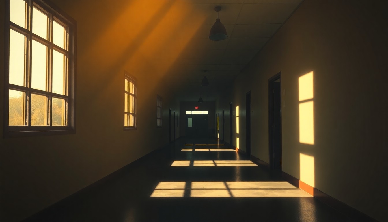 A serene, cinematic painting of an empty school hallway with warm, diagonal sunlight and deep shadows, conveying a sense of unease and uncertainty about the impact of immigration enforcement on the local community.