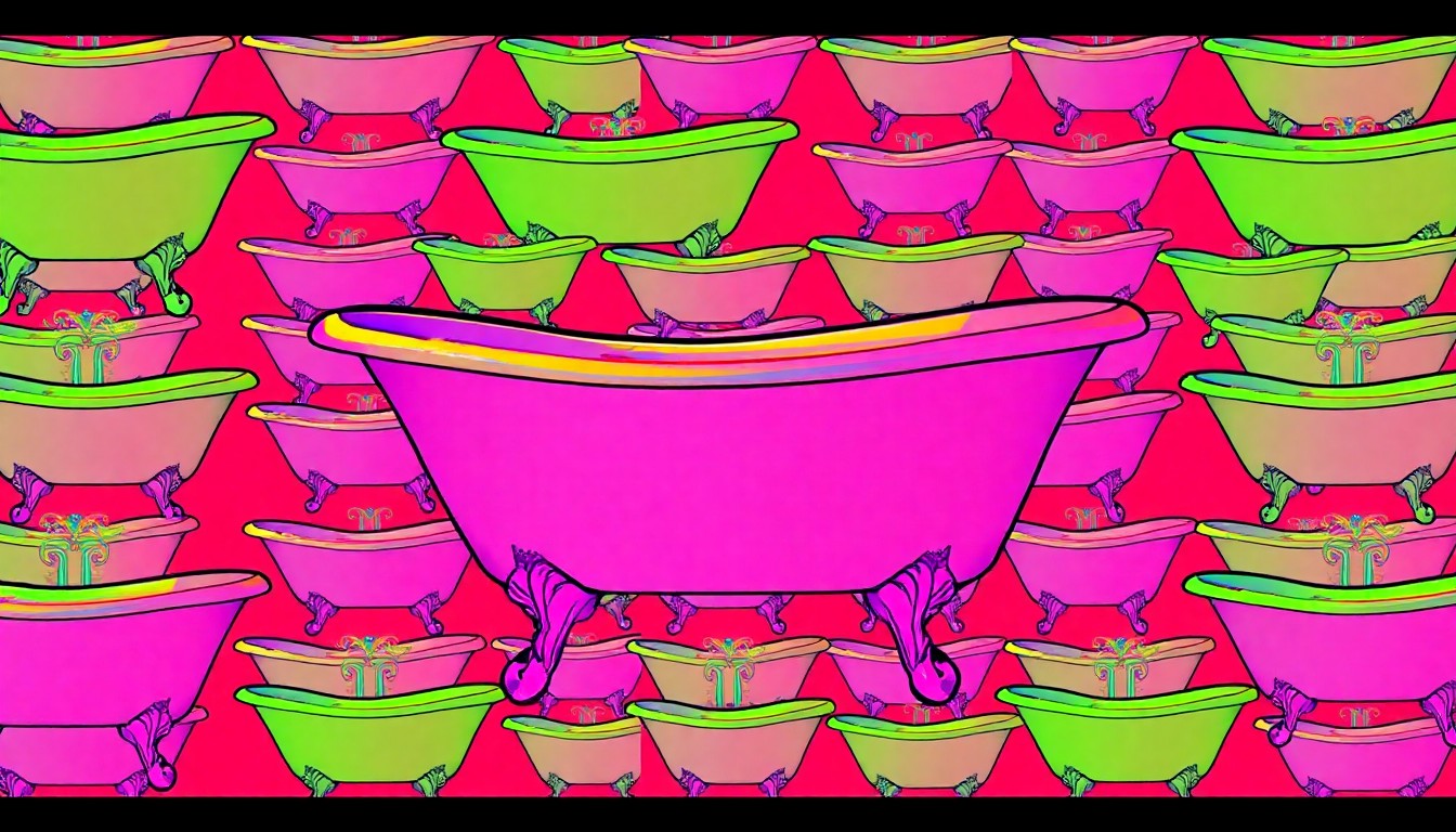 A brightly colored, high-contrast silkscreen print of a classic claw-foot bathtub repeated in a tight grid pattern, capturing the tension between historic preservation and modern luxury living.