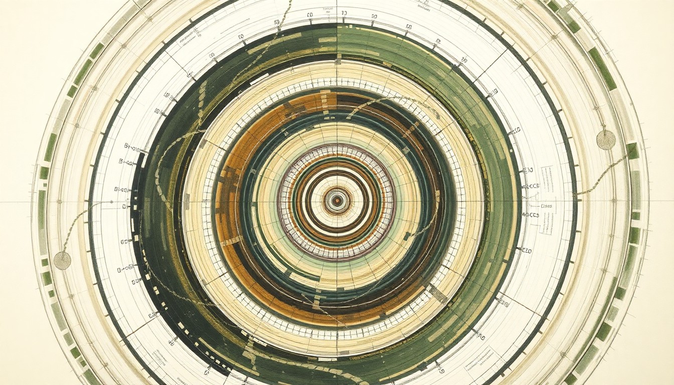 A highly structured abstract painting in muted earth tones, featuring sweeping geometric arcs, concentric circles, and precise botanical spirals, representing the complex atomic structure and catalytic properties of tungsten carbide.