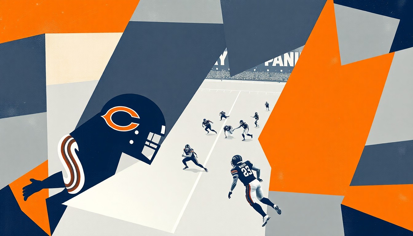 A cubist-style painting depicting a football game or match, with the players and field broken down into sharp, overlapping geometric shapes in shades of navy blue, orange, and grey, creating a dynamic and visually striking composition.