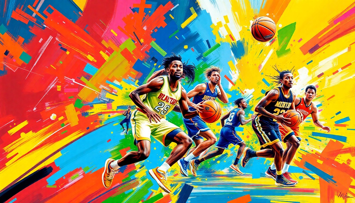 A vibrant, expressionist painting in neon colors depicting the fast-paced, high-energy action of a basketball game, with players' figures and movements blending together in a dynamic, abstract composition.
