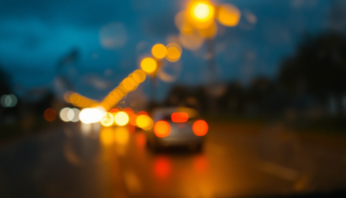 An abstract, out-of-focus image of a nighttime driving scene in North Port, Florida, with soft, warm pools of yellow, orange, and blue light creating a dreamlike, meditative atmosphere.
