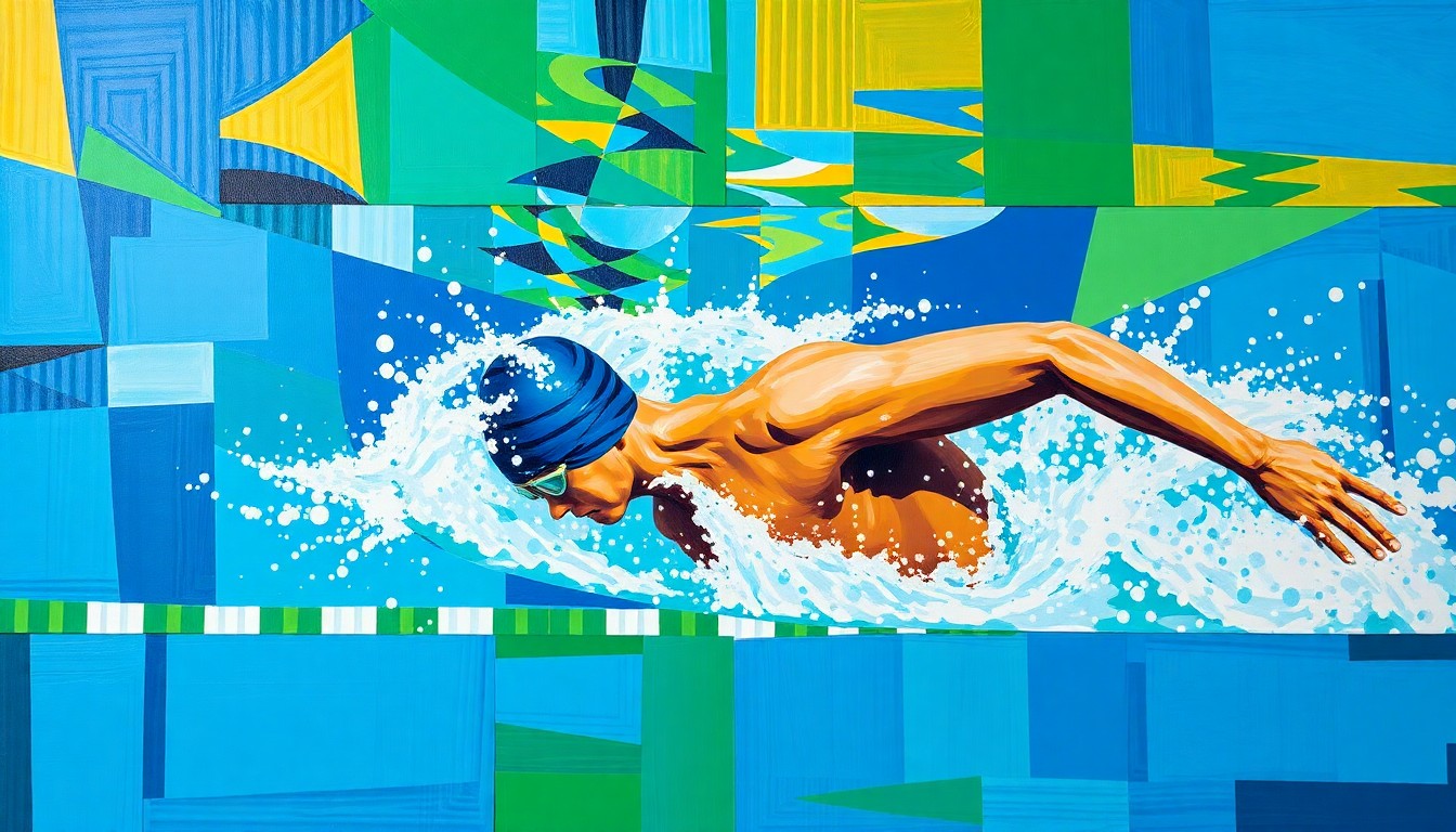 A cubist-style painting depicting the 200-yard breaststroke event at the Big Ten Championships, with the swimmers' movements broken down into sharp, overlapping geometric shapes in vibrant blue, green, and gold hues.