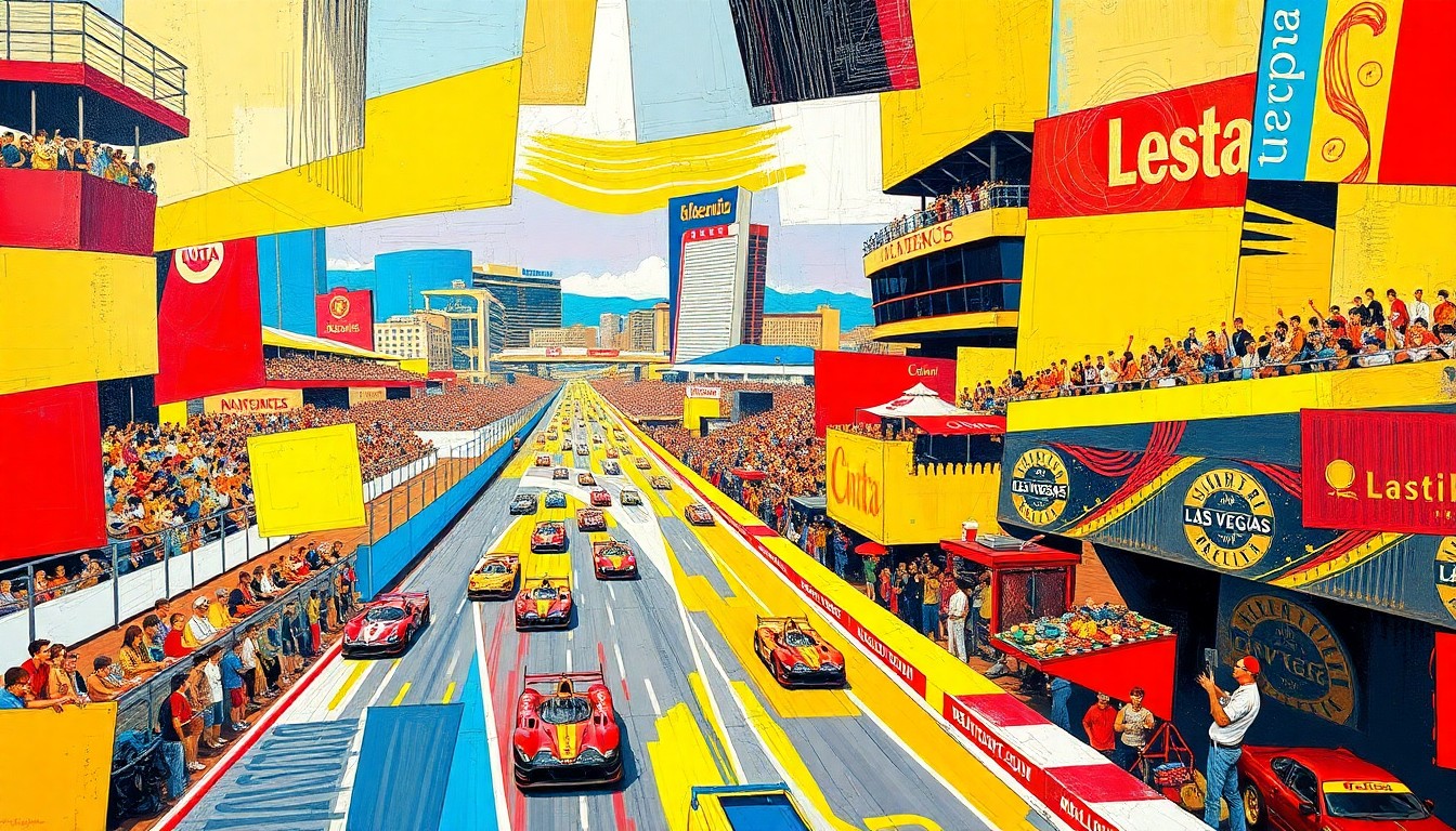 A fractured, cubist-style painting depicting the energy and excitement of the 2025 Las Vegas Grand Prix, with cars, spectators, and the city's skyline broken down into sharp, overlapping geometric shapes in vibrant colors.