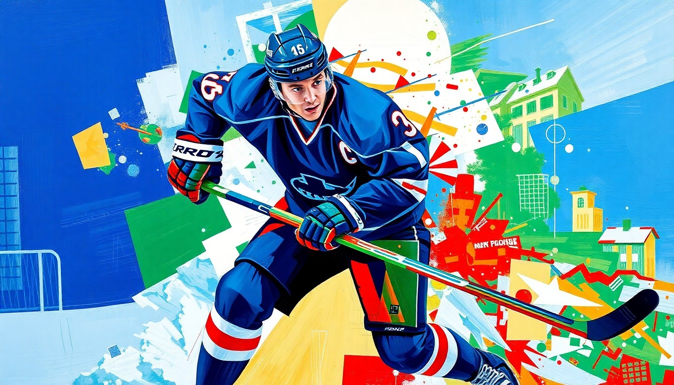 A cubist, geometric painting depicting a hockey defenseman in action, with sharp, overlapping planes of vibrant blue, green, and red colors representing the player's movement and energy on the ice.
