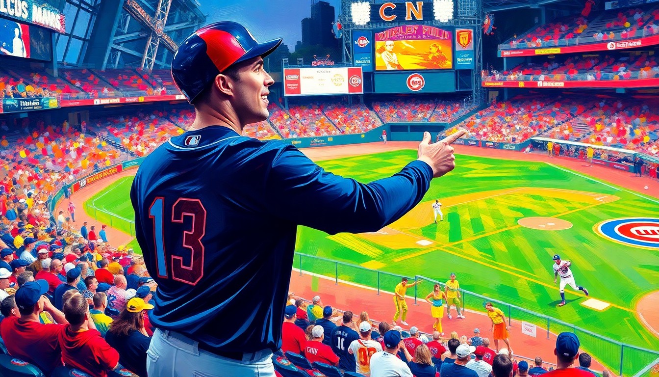 An energetic, expressionist painting depicting Jonathan Toews in mid-pitch, with a vibrant, neon-colored crowd and players in the background, capturing the excitement and emotion of the moment.