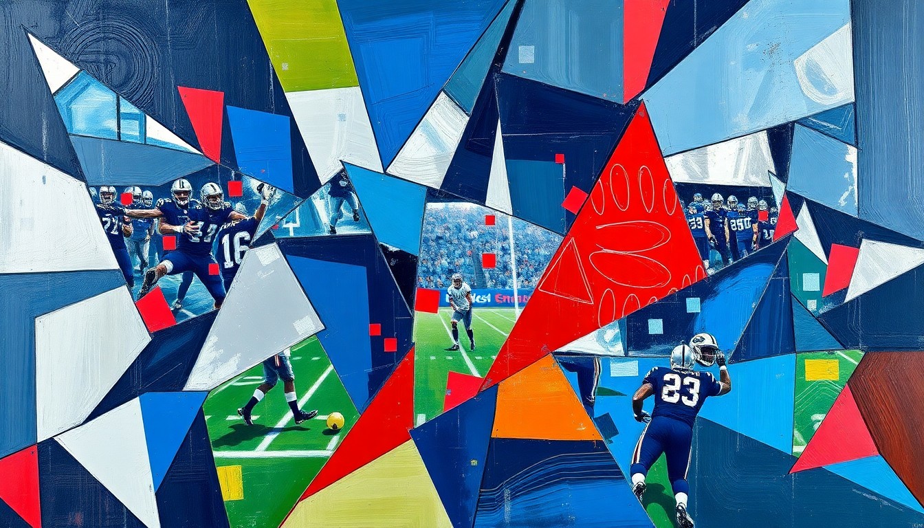 A cubist, geometric painting depicting a football game or match, with sharp, overlapping planes of navy blue, silver, and red, capturing the dynamic energy of the sport.