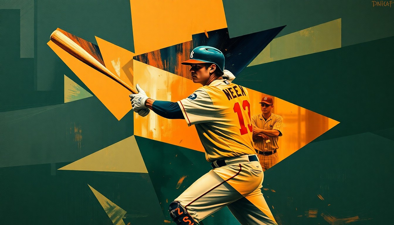 A cubist-style painting depicting a baseball player's motion or a baseball game scene broken down into sharp, overlapping geometric shapes in muted navy, forest green, and burnt orange tones, conveying the strategic complexity of roster decisions in professional baseball.