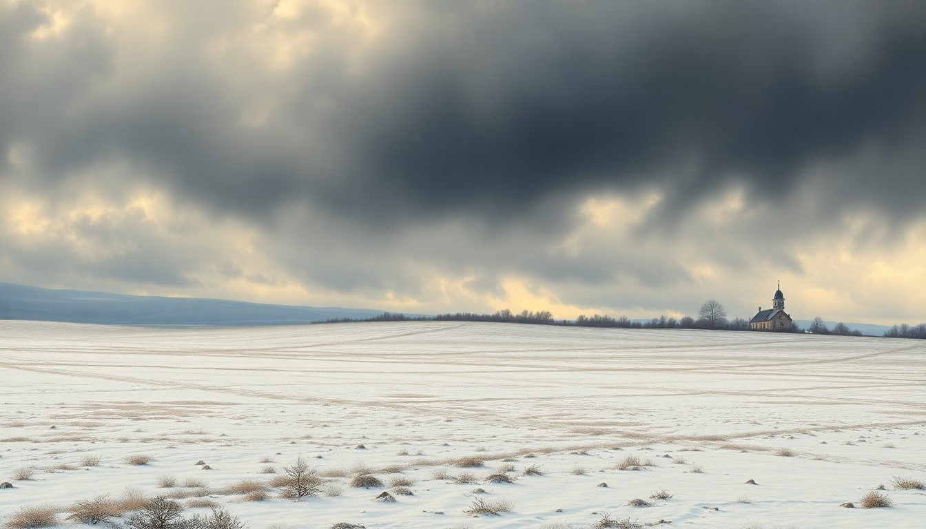 A sweeping, atmospheric landscape painting in muted tones of gray, white, and blue, depicting a snow-covered field under a heavy, overcast sky. A small, isolated school building can be seen in the distance, dwarfed by the overwhelming scale of the natural environment.