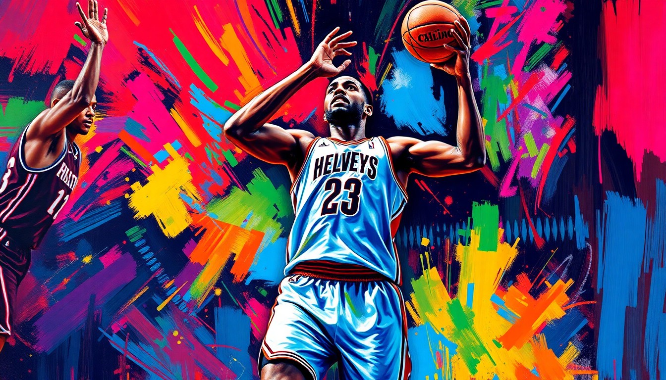 An abstract, expressionist painting in vibrant neon colors depicting the powerful, towering presence of NBA player Victor Wembanyama as he dominates the basketball court with his athleticism and skill.