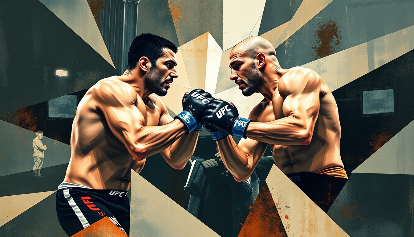 A cubist-style painting depicting a UFC fight between two fighters, with their movements and actions broken down into sharp, overlapping geometric shapes and planes, creating a dynamic and visually striking representation of the action.