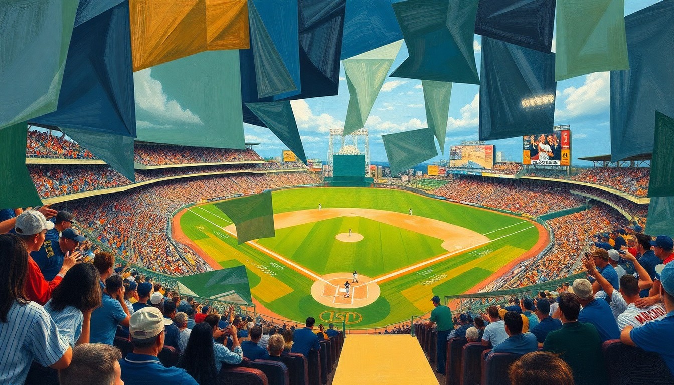 A cubist-style painting depicting a baseball game broken down into overlapping geometric shapes and planes, conveying the dynamic action and tension of the Rays' comeback victory.